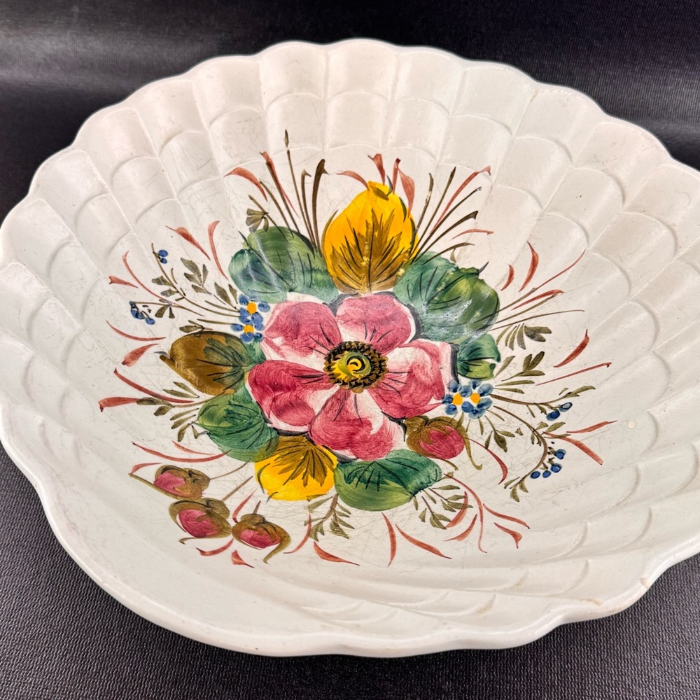 Vintage Italian Pottery Large Scalloped Edge Bowl Hand Painted Florals Italy